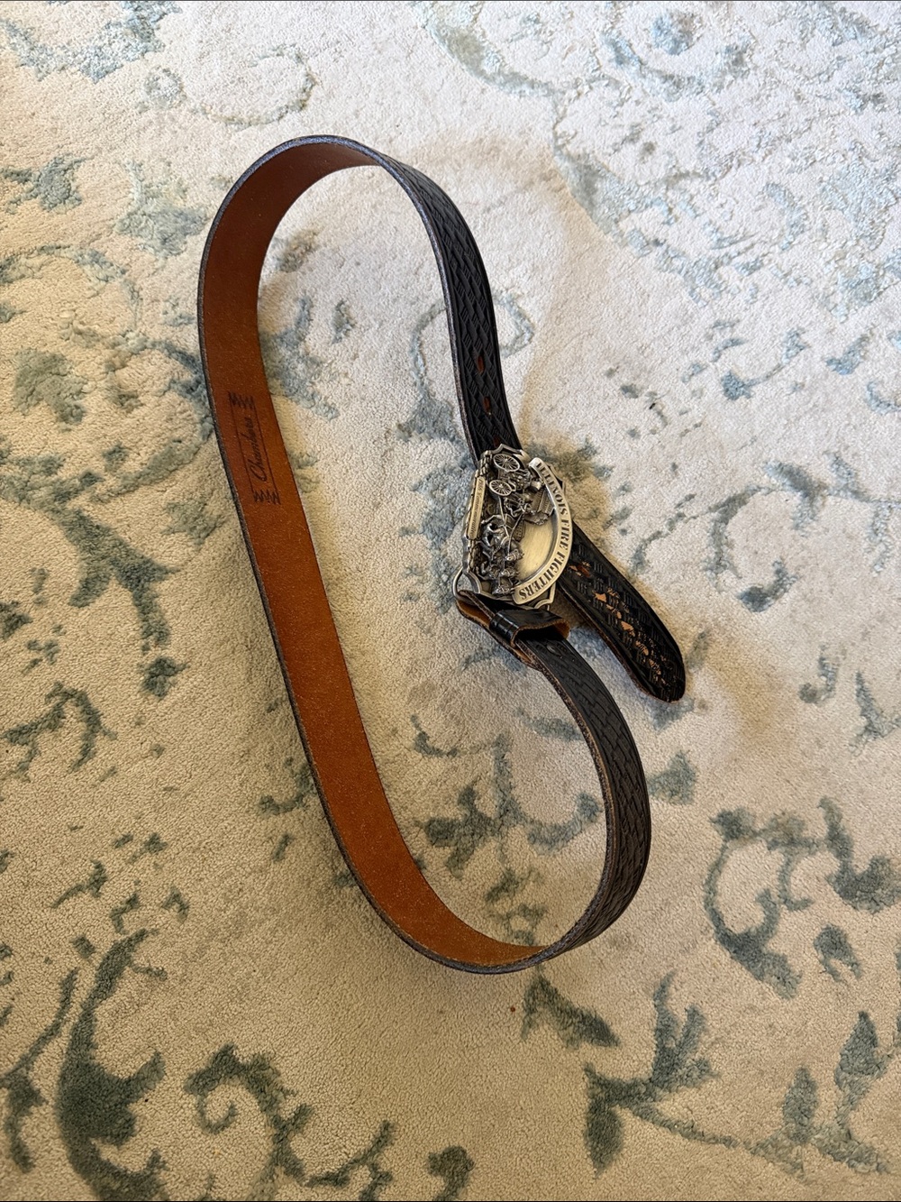 Men's Textured Brown Leather Belt with Decorative Silver-Tone Buckle